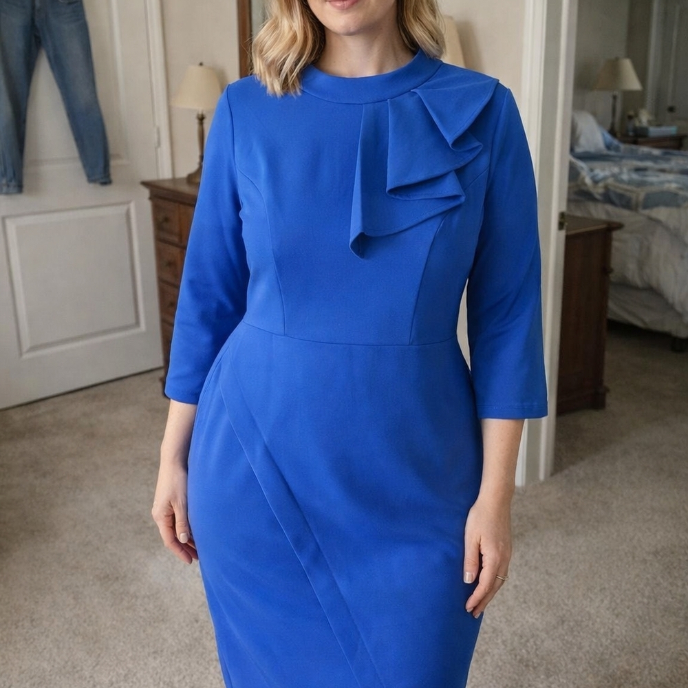 Glamour Elegant Blue Dress Size 14 New — Formal Stretch Ruffle Detail